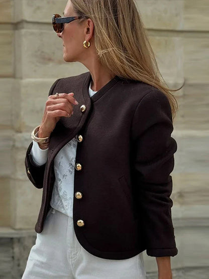 TAVIMART  -  Elegant Solid O-neck Plush Short Coats Women Retro Slim Fit Single Breasted Jackets Female New Spring Chic Office Outwear