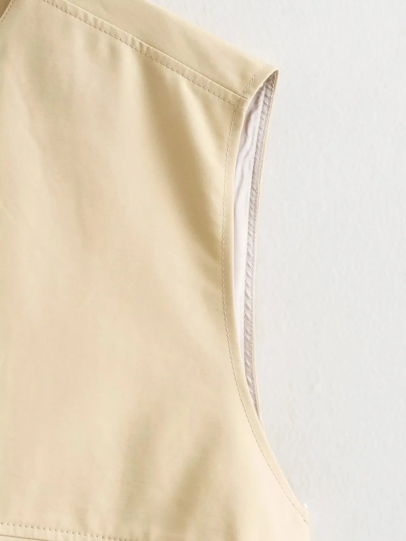 Padded Beige Waistcoat Folds Winter Sleeveless Vest Coat Turtleneck Pockets Zipper Autumn Thick Warm Parka Jacket