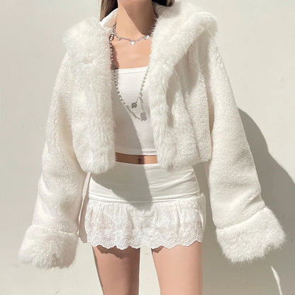 Faux Fur Hooded Coat Women Fashion High Street Fluffy White Snow Jacket Winter Warm Slim Outwear Stylish Lady Outfits
