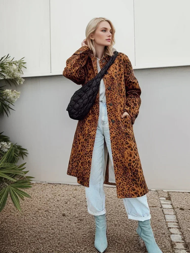 Woman Coat Long Sleeves Hidden Buckle Leopard Print Lapel Loose Long Overcoat Vintage Pocket Female Coats Street Trench