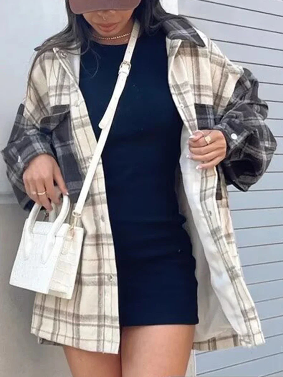 Classic Patchwork Plaid Outerwear Women Buttons Long Sleeve Pockets Blouse Jackets Winter New Streetwear Casual Vintage Jacket