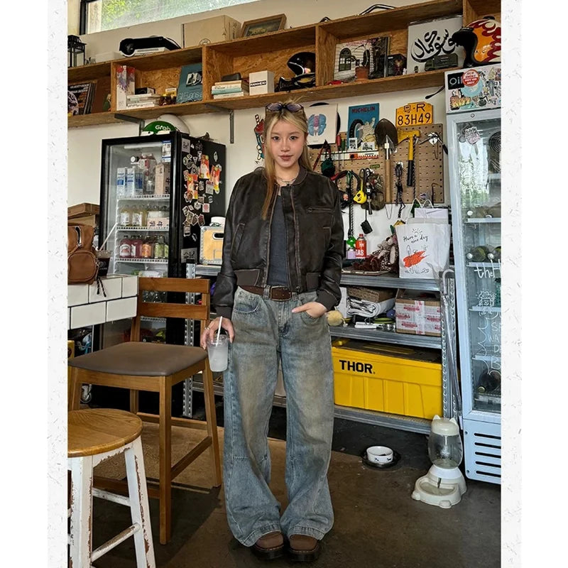 Women's Street Casual 2000s Pants Baggy Y2K Wide Leg Washed Grunge Denim Trouser American Vintage High Waist Straight Emo Jeans