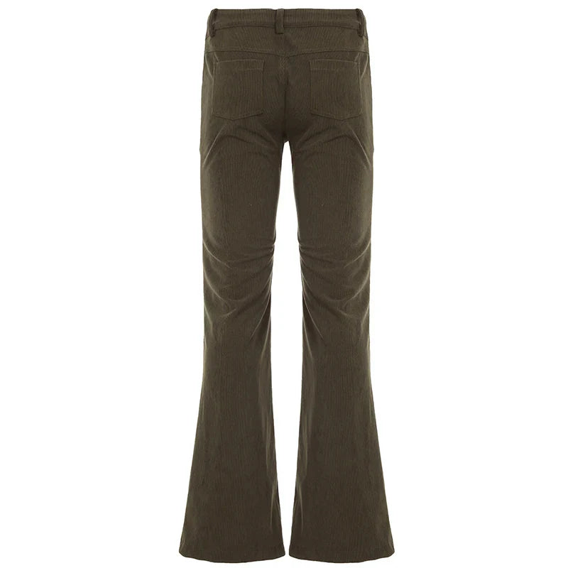 Women Corduroy Flare Pants Retro Green Low Waisted Skinny Boot Cut Trousers Autumn Y2K Streetwear Outfits Casual