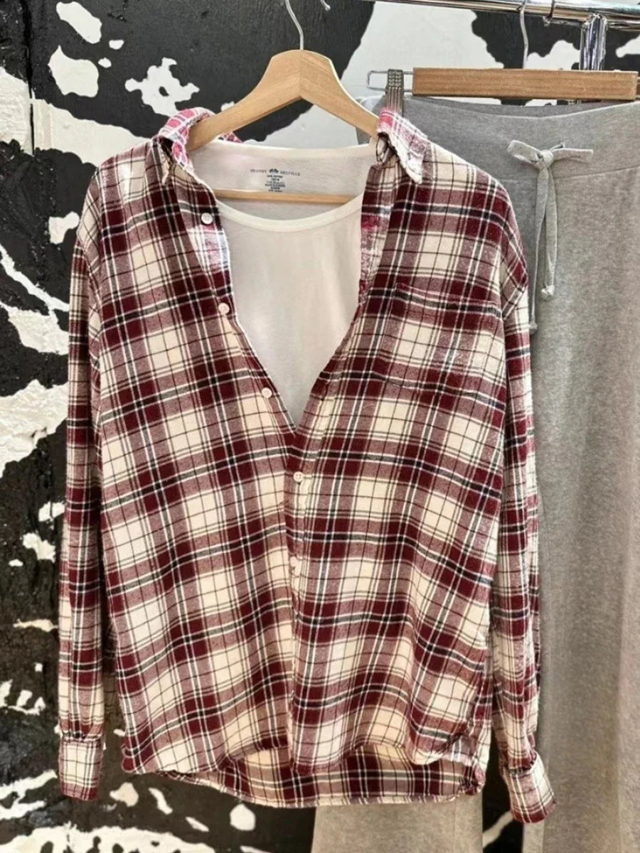 Vintage Red Plaid Button Blouse Top Autumn Cotton Turn Down Collar Casual Long Sleeve Shirt Streetwear Loose Y2K Tees Coat Women