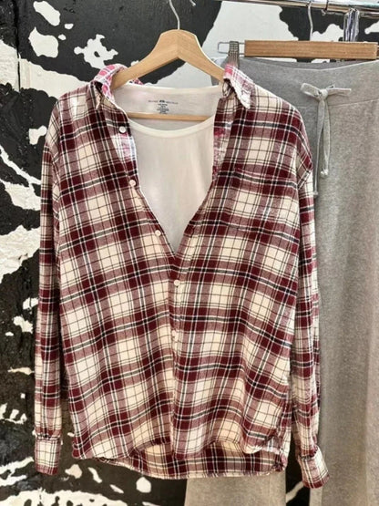 Vintage Red Plaid Button Blouse Top Autumn Cotton Turn Down Collar Casual Long Sleeve Shirt Streetwear Loose Y2K Tees Coat Women