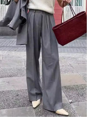 New Autumn Gray Straight Pant Cotton Blend Solid Color High Wiast Loose Woman Trouser Casual Simple Female Clothing New