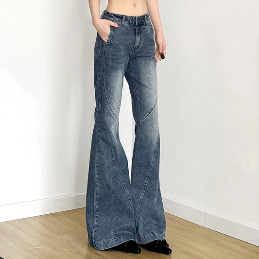 Y2K Low Waisted Washed Flare Jeans Korean Streetwear Blue Slim Fit Denim Pants Fashion Lady Casual Boot Cut Trousers