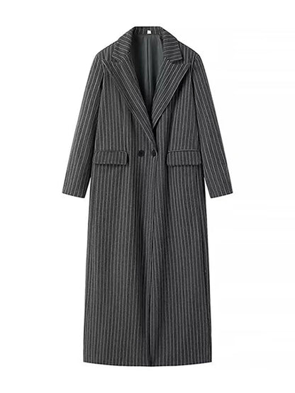 Casual Gray Striped Women Long Coats Elegant Woolen Lapel Long Sleeve Back Split Loose Jackets Autumn Chic Street Outwears