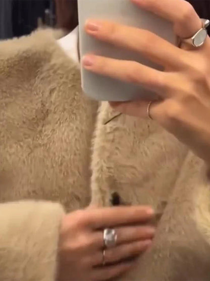 Faux Fur Short Jackets Women Casual Loose Round Neck Single Breasted Coats Female Winter Solid Warm Long Sleeves Outwears