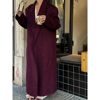 New Autumn Winter Women Burgundy Red Padded Shoulder Coats Fashion Double Breasted Casual Lapel Outerwear Female Street Overcoat