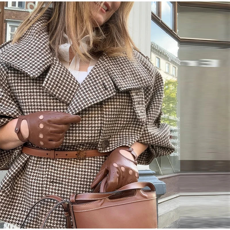 Elegant Lapel Checkered Coat Women Casual Buttons Double Breasted Long Sleeve Coats Female 2025 Autumn British Lady Jacket