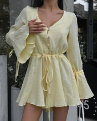 Flare Sleeve Single Breasted Casual Women Dress A-line Pleated Short Dress Cotton Blend Drawstring Fashion Vestidos 2024 Autumn