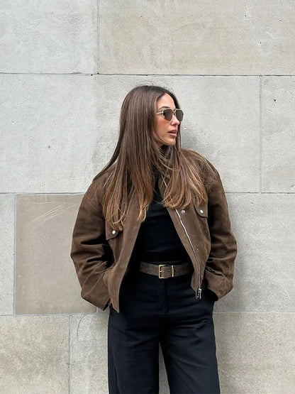 Zipper Suede Cargo Jacket Coat Button Lapel Maillard Slimming Workwear Leather Jackets Casual Short Outwear Commute Overcoat