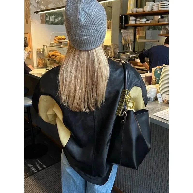 Vintage Patchwork Women's Leather Jacket Loose O-neck Long Sleeve Zipper Moto Biker Coats Autumn Lady Contrast Outwear Y2K