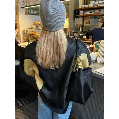 Vintage Patchwork Women's Leather Jacket Loose O-neck Long Sleeve Zipper Moto Biker Coats Autumn Lady Contrast Outwear Y2K