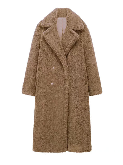 Thicken Warm Outwear Women Furry Double Breasted Loose Turn-down Collar Casual Long Coat Female Winter Chic Jackets