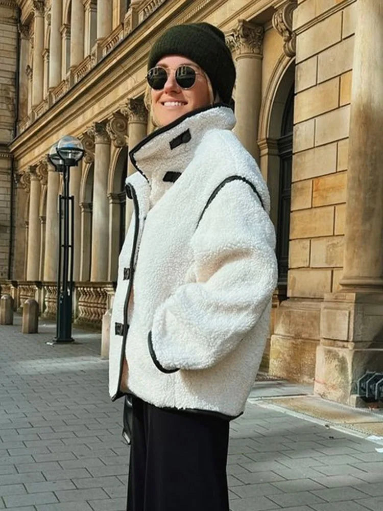 Plush Stand Collar Jackets Coat Women Vintage Lambwool White Single-Breasted Pockets Jacket Female Autumn High Street Outwear