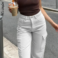 Y2k Cargo Pants Baggy Wide Leg Trousers Women Streetwear Fashion Apricot Straight Jeans Pocket Loose High Waisted Jeans Trousers
