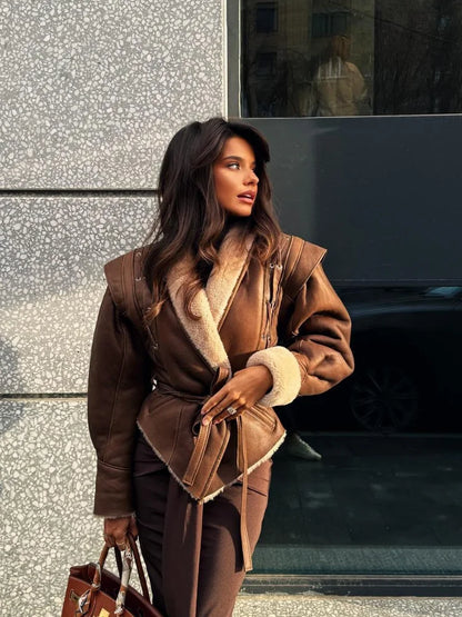 Fashion Warm Furry Leather Woman Jacket With Belt Chic Lapel Long Sleeve Motorcycle Coat Lady 2024 Winter High Street Outerwear