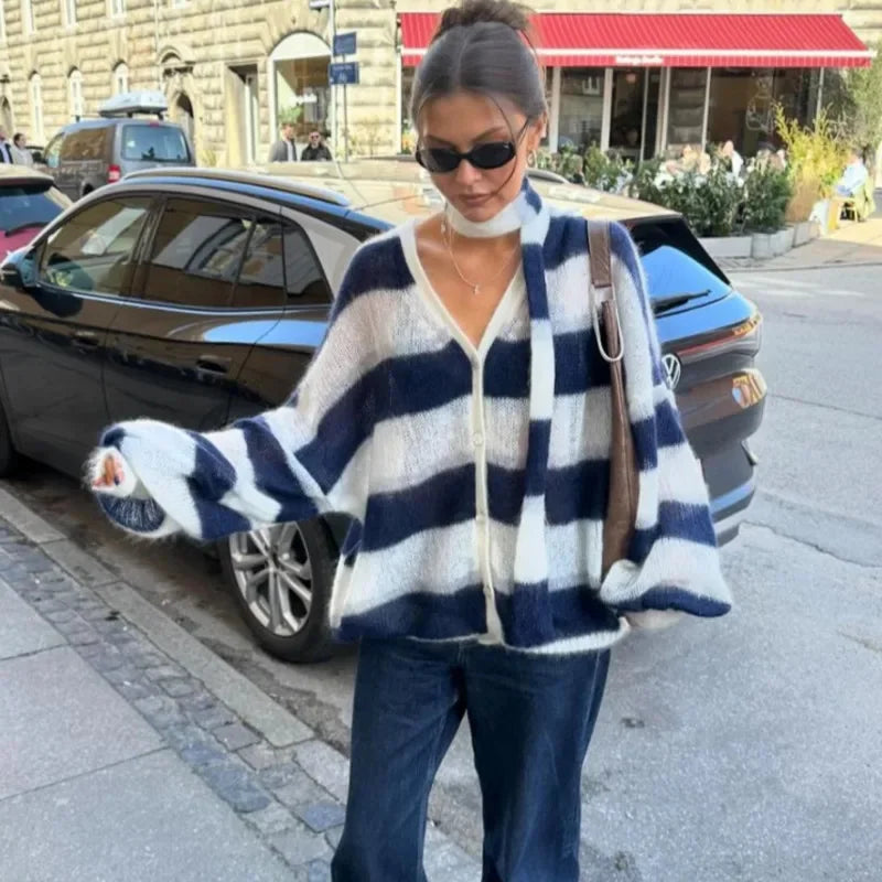 Striped Knit Sweater Cardigan With Scarf Women Casual V Neck Lantern Sleeve Coat Autumn Chic Contrast Lady Fashion Knitwear