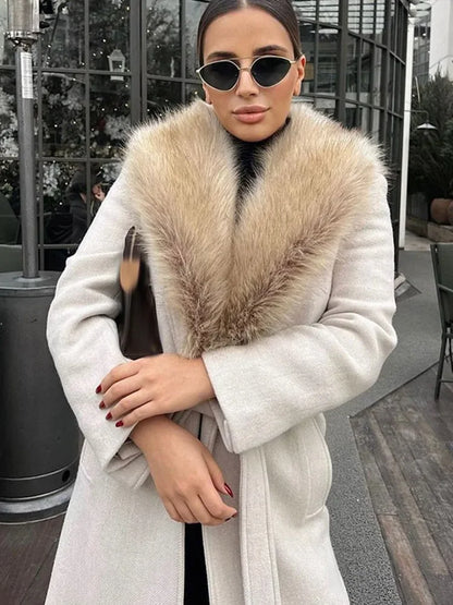 Women Faux Fur Patchwork Collar Woolen Belts Coat Button Up Pocket Casual Thicken Warm Outwear Female Winter Chic Jacket