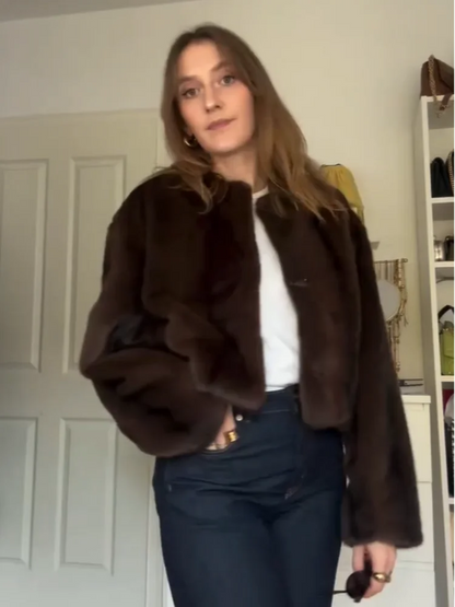 Women Dark Brown Fashion Faux Fur Cropped Coat Elegant O-neck Buckles Long Sleeve Warm Jacket Lady Fall Winter Chic Streetwear