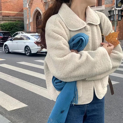 Women's Winter Sweet Plush Coat Lamb Fur Jacket Peter Pan Collar Single Breasted Short Outerwears