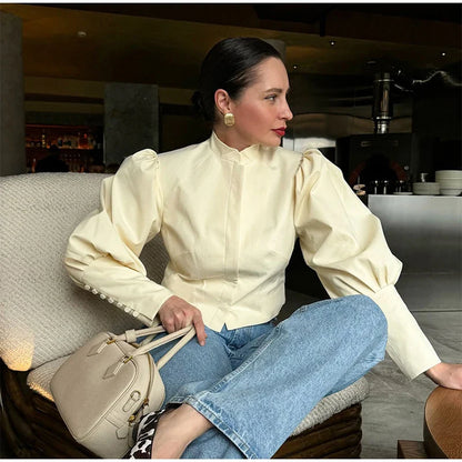 Retro Solid Stand Collar Short Shirt Women Elegant Single Breasted Puffy Sleeve Shirts Coat Lady Versatile Chic Streetwear