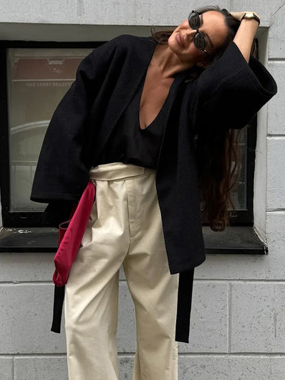 New Women's Black Lace Up Overcoats Autumn Chic Office Jackets Slim Fit Pleated Coat Elegant V-neck Commute For Lady Coats