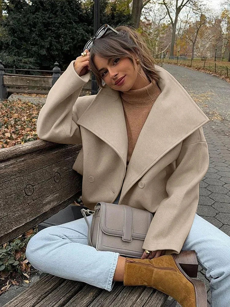 TAVIMART  -  Vintage Large Lapel Collar Short Coats Women Retro Casual Double-Breasted Pocket Coat Female Autumn Chic Loose Street Outwear