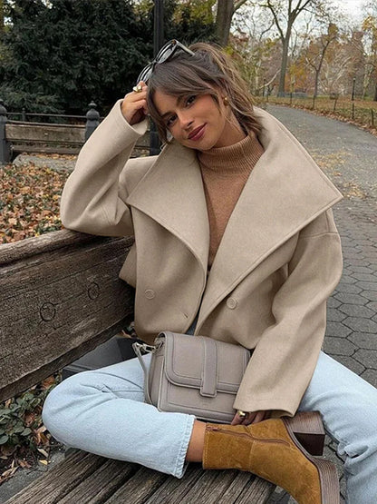 TAVIMART  -  Vintage Large Lapel Collar Short Coats Women Retro Casual Double-Breasted Pocket Coat Female Autumn Chic Loose Street Outwear