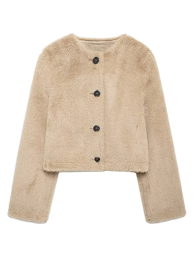 Faux Fur Short Jackets Women Casual Loose Round Neck Single Breasted Coats Female Winter Solid Warm Long Sleeves Outwears