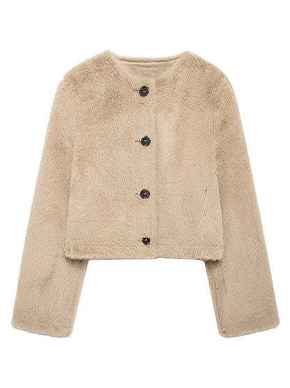 Faux Fur Short Jackets Women Casual Loose Round Neck Single Breasted Coats Female Winter Solid Warm Long Sleeves Outwears
