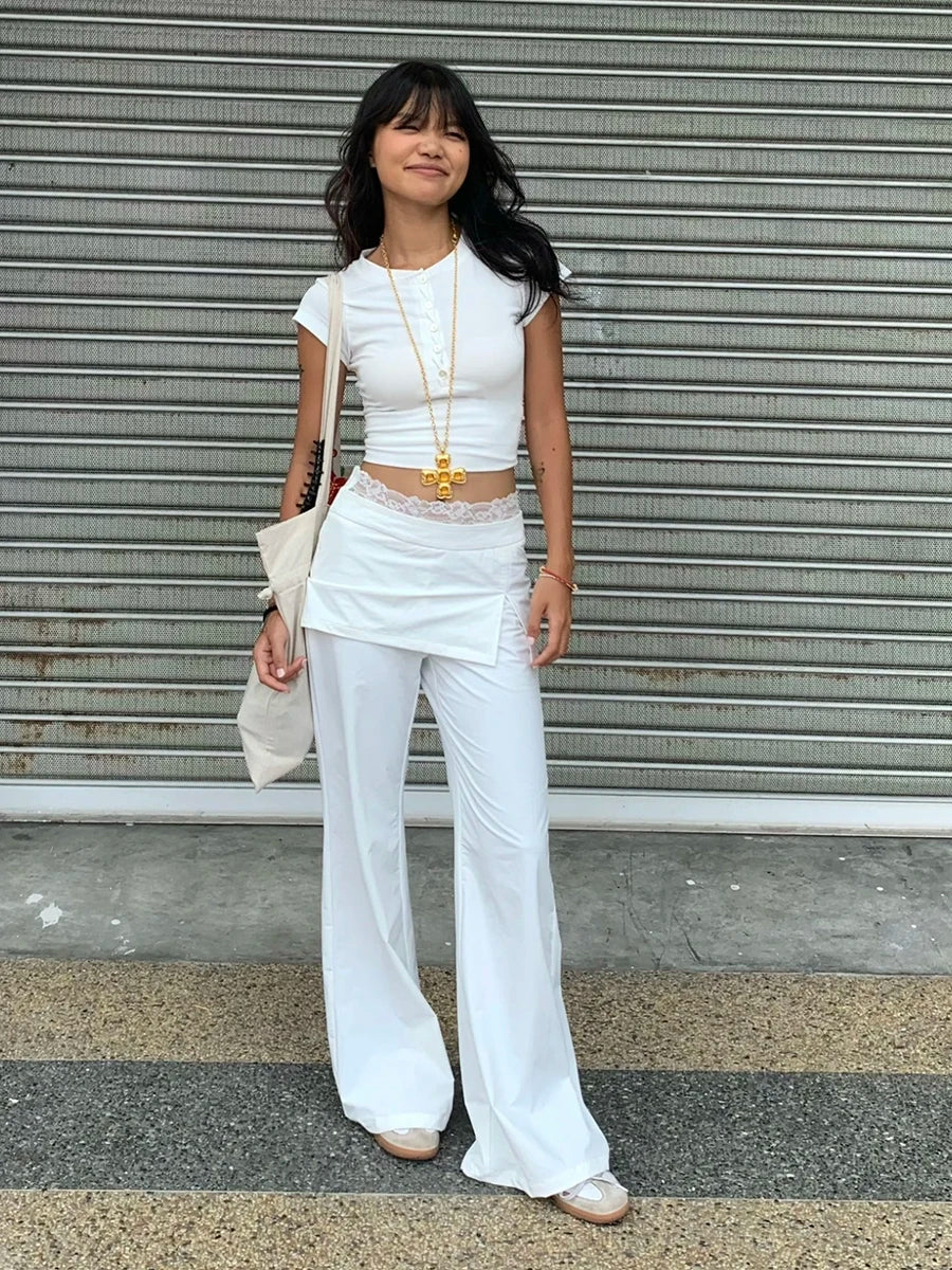 Women Lace Patch Strap Bootcut Pants white