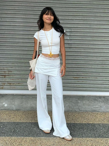 Women Lace Patch Strap Bootcut Pants white