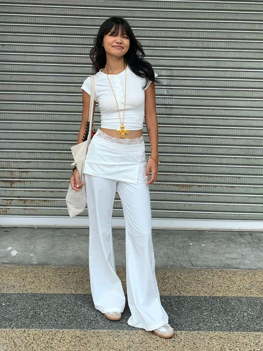 Women Lace Patch Strap Bootcut Pants white