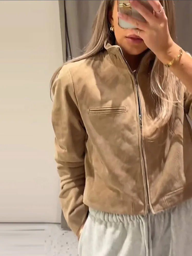 Stand Collar Suede Leather Jacket Coat Zipper Retro Long Sleeved Casual Biker Jackets Loose Fashion Front Shoulder Short Outwear