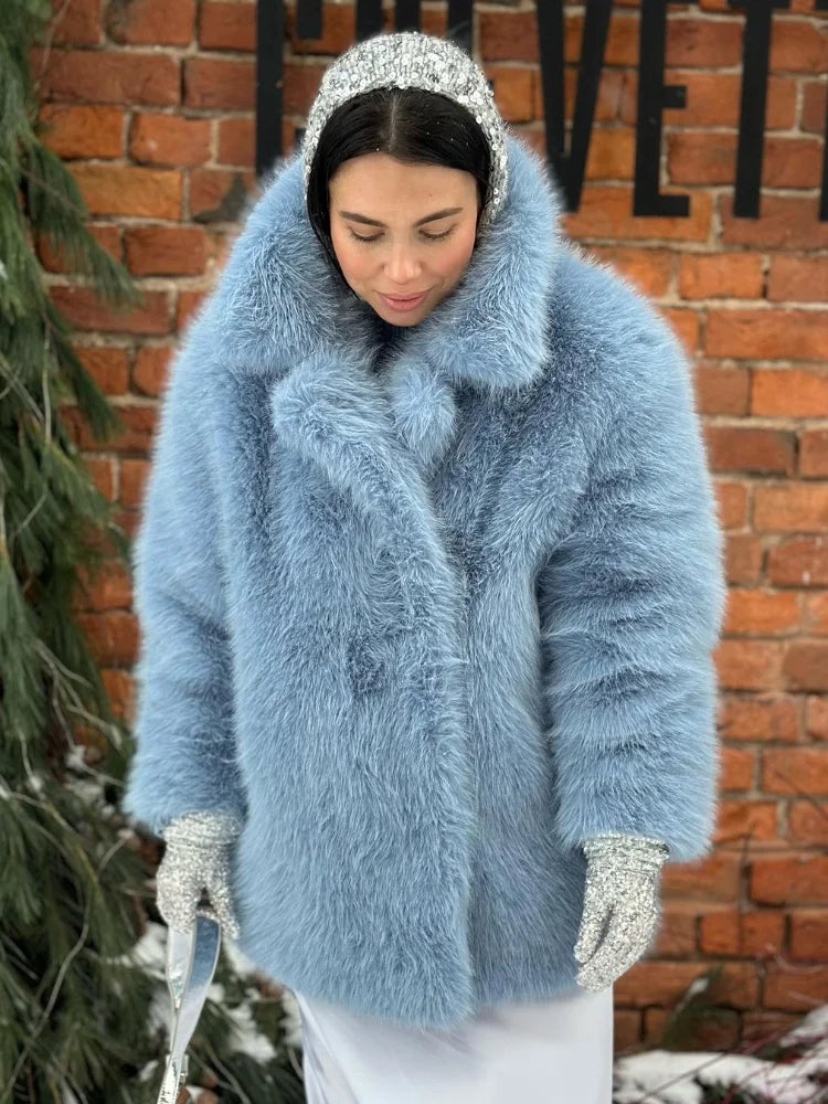 Luxury Thick Warm Women Coats Turn-down Collar Faux Fur Pocket Jackets Outwears Autumn Winter Soft Fluffy Ladies Overcoat