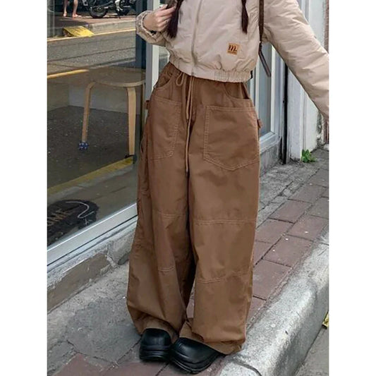 Women Plain Spliced Wide Leg Cargo Pants Big Pockets Drawstring Low Waist Loose Draped Sweatpants Lounge Casual Streetwear
