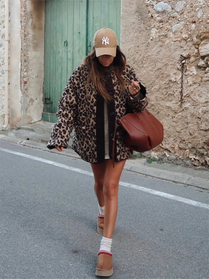 Women Fashion Jacket Winter Casual Ladies Commuter Leopard-print Lamb Wool Solid Jacket For Women's Outwears