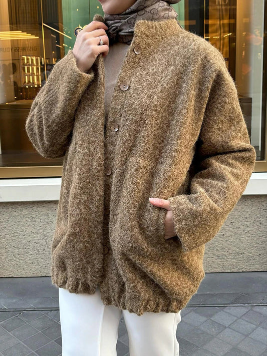 Vintage Solid Bomber Jacket Women Stand Collar Single Breasted Woolen Coat Streetwear Casual Fashion Long Sleeve Outerwear New