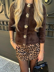 Faux Fur Half Sleeve Cardigans Women Single Breasted O-neck Loose Casual Wine Red Sweater Female Furry Autumn Chic Tops