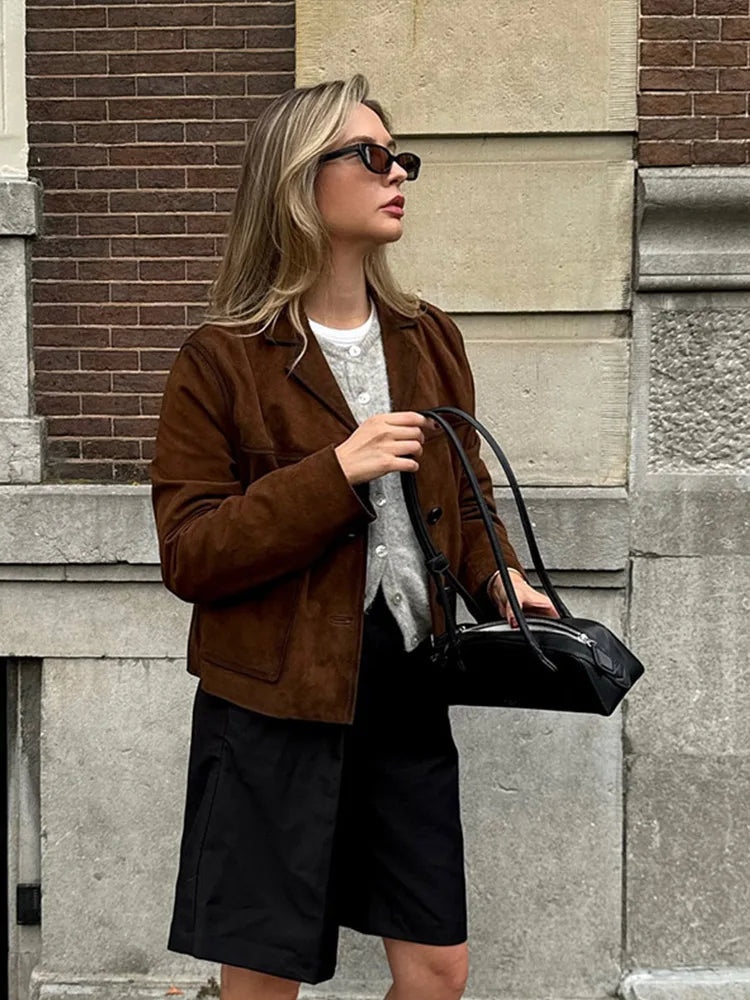 Retro Suede Female Blazer Jacket Chic Lapel Single Breasted Long Sleeve Lady Short Coat Autumn Winter Pockets Lady Outwear
