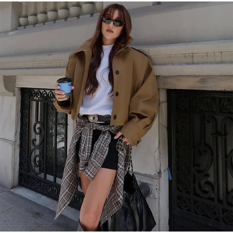 Lapel Single Breasted Loose Windbreaker Women Solid Oversized Jackets 2025 New Fashion Casual Autumn Chic High Street Outerwear