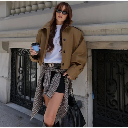 Lapel Single Breasted Loose Windbreaker Women Solid Oversized Jackets 2025 New Fashion Casual Autumn Chic High Street Outerwear