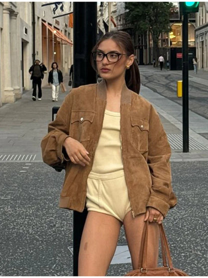 Women Patchwork Suede Jackets Long Sleeve Pocket Zipped Stand Coats 2024 Autumn Winter New Fashion Commuting Top Outerwears