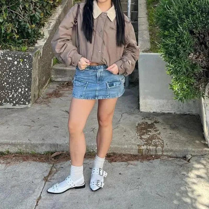 Casual Lapel Single Breasted Pocket Women's Bomber Jacket Vintage Long Sleeves Elastic Hem Loose Winter Coat 2024 Chic Outerwear