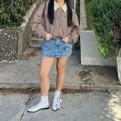 Casual Lapel Single Breasted Pocket Women's Bomber Jacket Vintage Long Sleeves Elastic Hem Loose Winter Coat 2024 Chic Outerwear