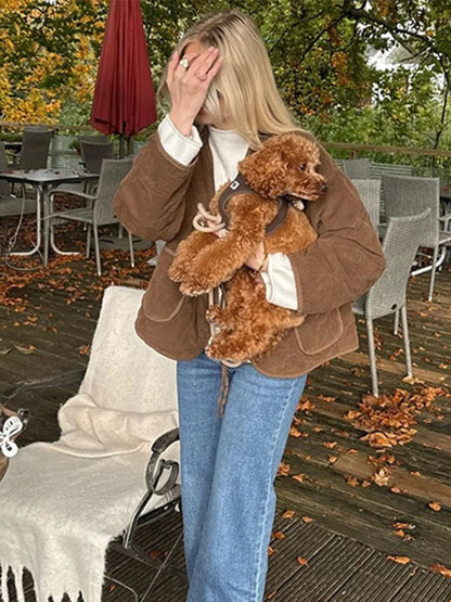 Brown Quilted Padded Suede Coat Women Long Sleeve Lace Up Cropped Jacket Autumn Winter Casual Lightweight New In Outerwears