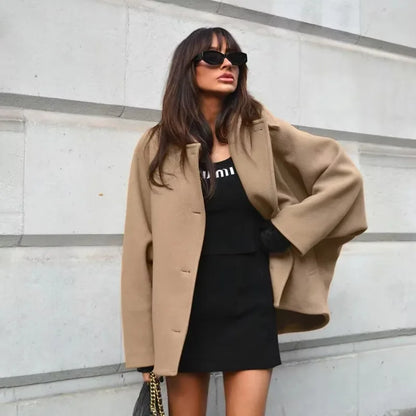 Diagonal Breasted Warm Loose Jacket Women Lapel Double Pocket Batwing Sleeve Solid Coats Winter Female Chic Vintage Outwear